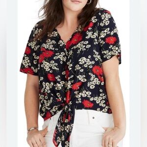 Madewell Floral Tie-Front Blouse - Red and Black